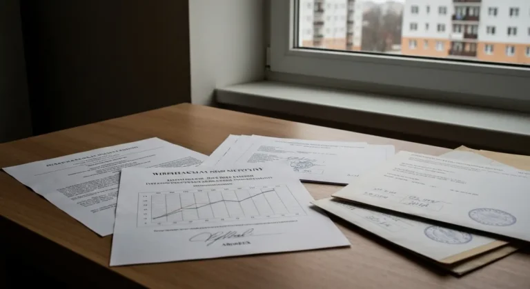Stos dokumentów kredytowych - umowa, informacja o ryzyku, symulacja rat i aneks na biurku