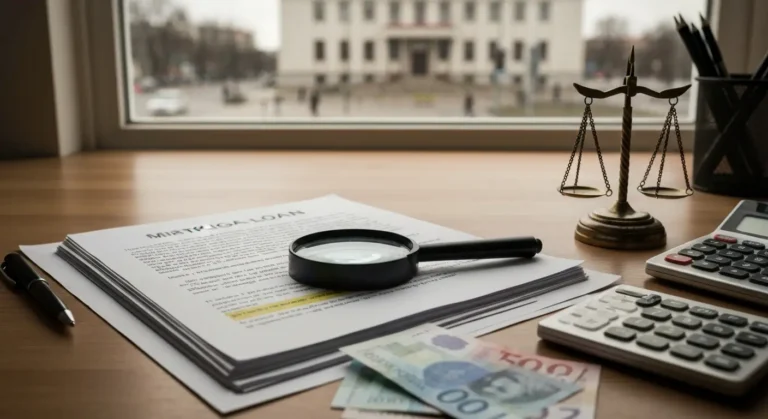 Dokumenty kredytu we frankach, lupa nad umową, wagi sprawiedliwości i banknoty CHF na biurku, w tle budynek sądu