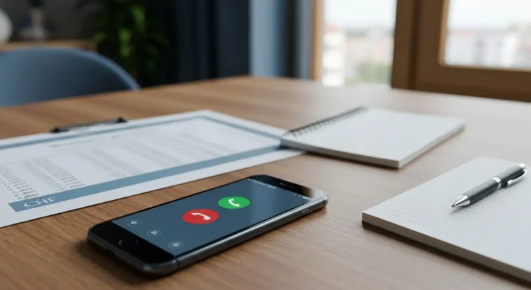 Telefon komórkowy z przychodzącym połączeniem obok dokumentów kredytu frankowego i notatnika na biurku