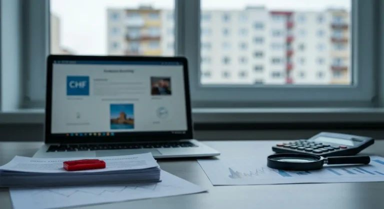 Dokumenty kredytu CHF i laptop z aplikacją bankową na biurku podczas sprawdzania salda po wyroku
