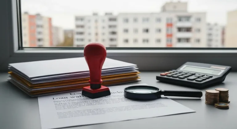 Dokumenty kredytu frankowego i korespondencja bankowa na biurku z lupą i kalkulatorem