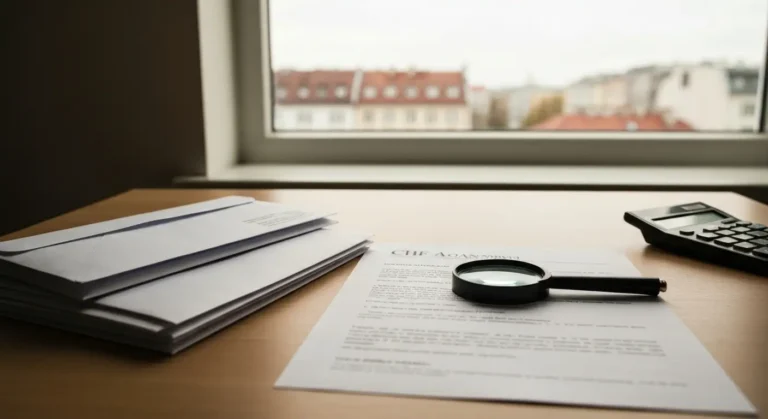 Dokumenty bankowe i umowa kredytu CHF na biurku z lupą i kalkulatorem