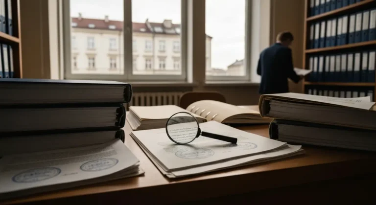 Stos akt sądowych i wyroków na biurku z lupą, symbolizujący weryfikację orzeczeń w sprawie frankowej