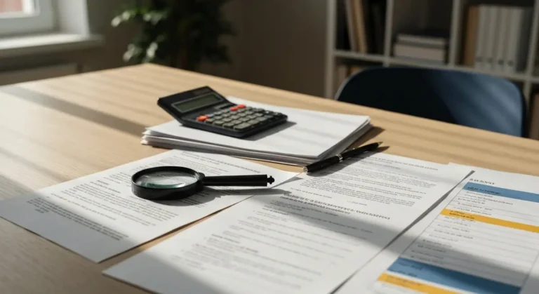 Dokumenty ugody bankowej i wyroków sądowych na biurku z lupą i kalkulatorem
