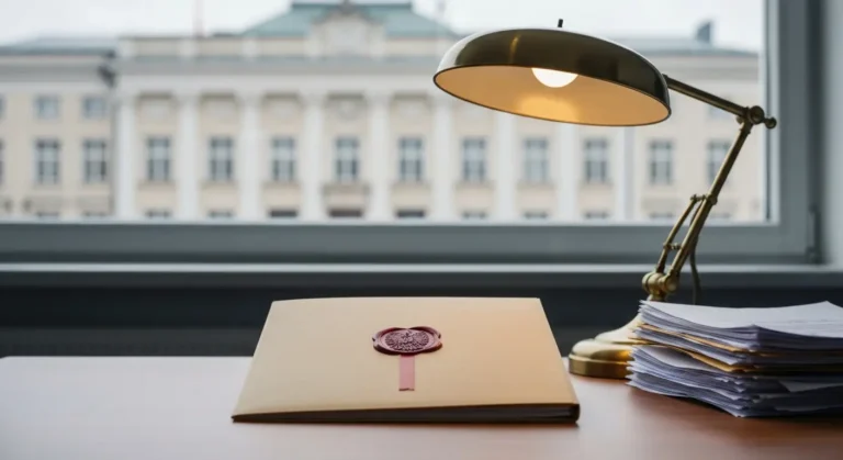 Zamknięta teczka z dokumentami bankowymi na biurku, w tle budynek sądu - sprawa listu mazalnego