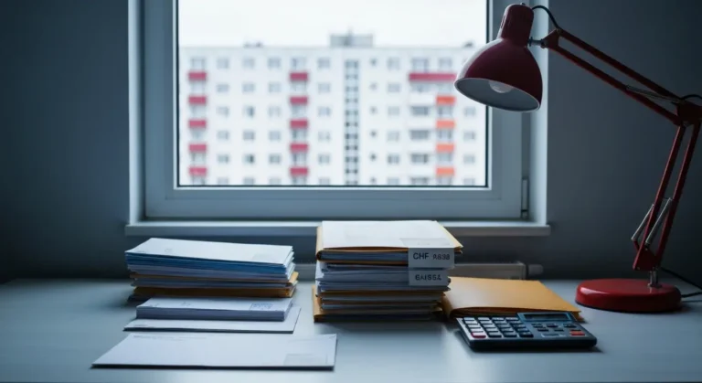 Dokumenty kredytowe i korespondencja bankowa na biurku, symbol sprawy frankowej i wpływu na BIK