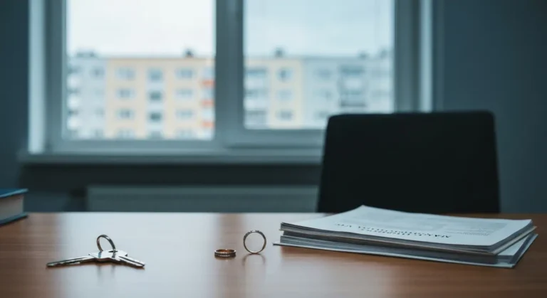 Dwie obrączki i dokumenty kredytu hipotecznego na biurku symbolizujące byłych małżonków wspólnie odpowiedzialnych za kre