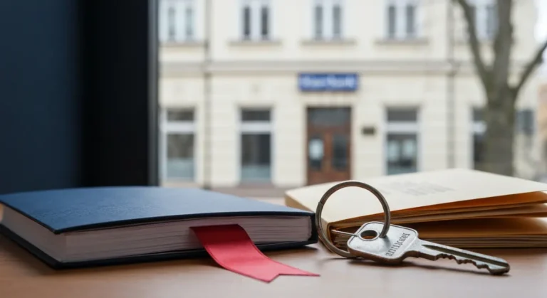 Dokumenty sądowe i teczka kredytu hipotecznego na biurku, symbol rozliczenia po wyroku frankowym