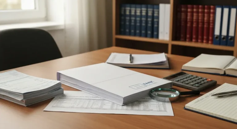 Biurko kancelarii prawnej z dokumentami umowy kredytowej, kalkulatorem i notatkami podczas analizy umowy frankowej