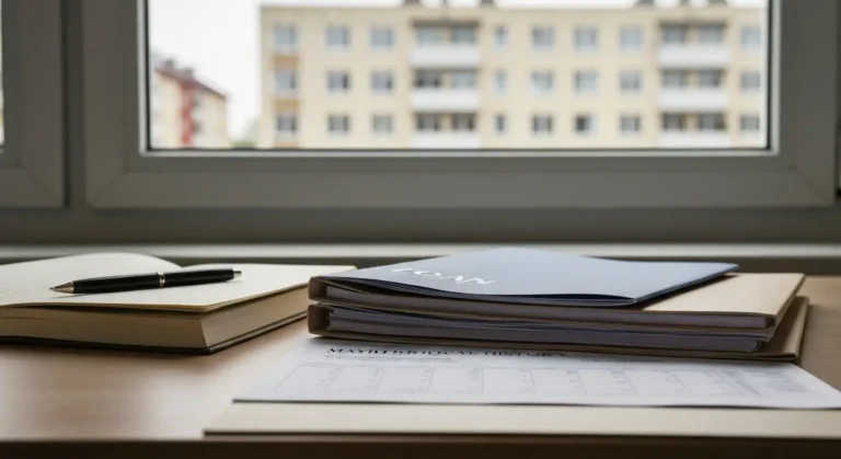 Dokumenty kredytu frankowego i historia spłat na biurku w domowym biurze