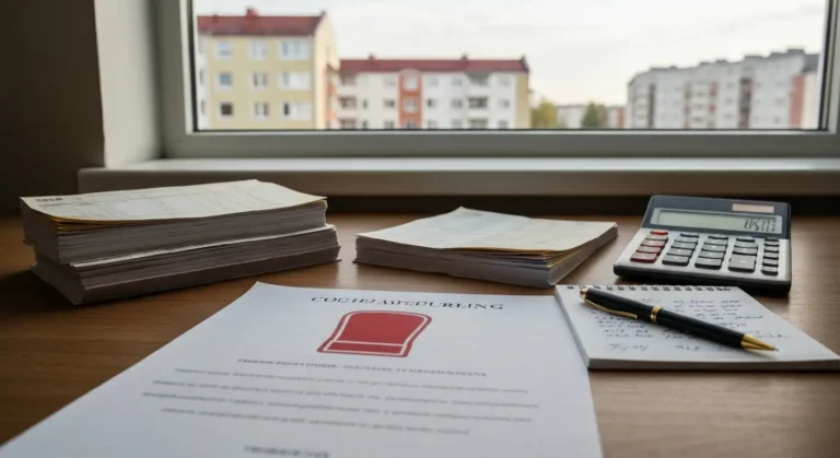 Dokumenty kredytu frankowego i wyrok sądowy na biurku podczas rozliczenia z bankiem