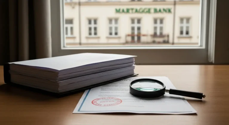 Dokumenty kredytu CHF i zaświadczenia bankowe na biurku, w tle kamienica mieszkalna