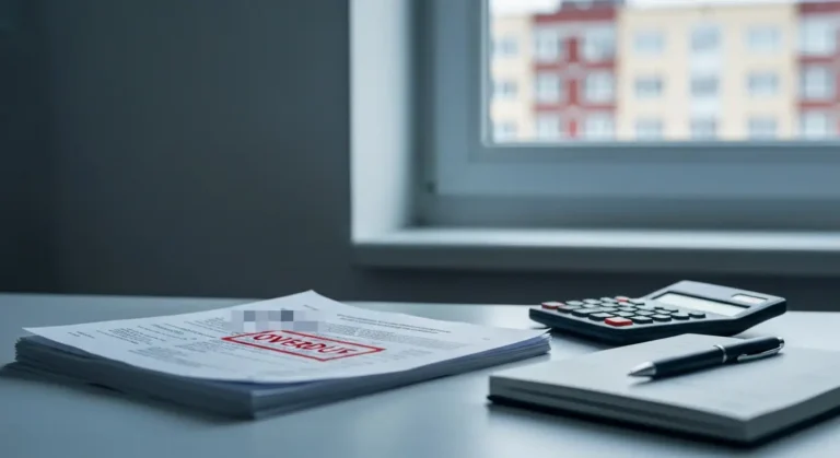 Dokumenty kredytowe CHF i kalkulator na biurku, symbolizujące decyzję o wstrzymaniu spłaty rat