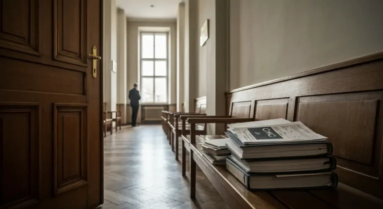 Korytarz sądowy z dokumentami sprawy frankowej i drzwiami sali rozpraw