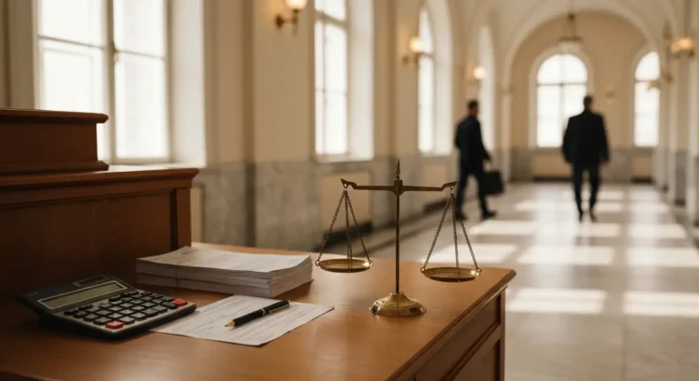 Biurko z dokumentami bankowymi i wagą symbolizującą rozliczenie kapitału po wyroku frankowym w korytarzu sądu