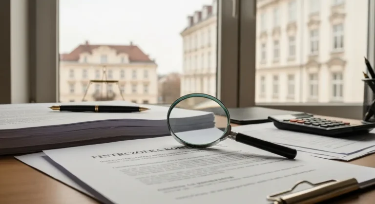 Dokumenty umowy kredytu frankowego na biurku z lupą i długopisem podczas analizy prawnej