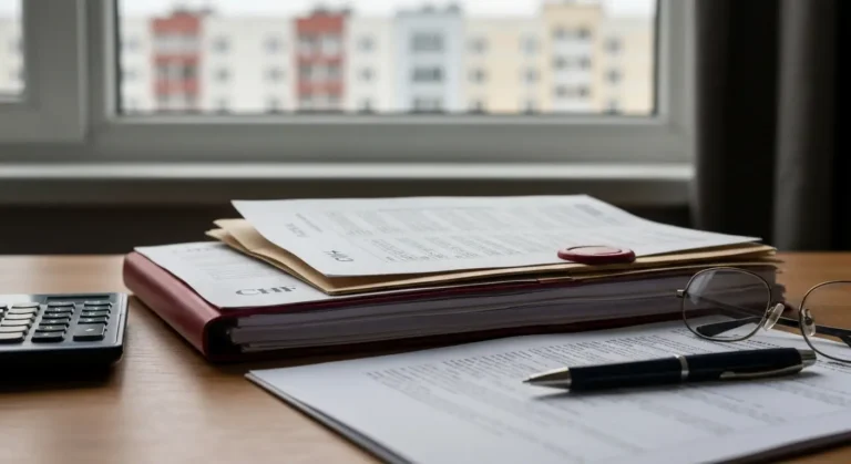 Dokumenty kredytu frankowego z tabelą kursów i kalkulatorem na biurku, w tle sylwetki bloków miasta
