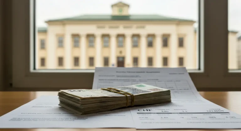 Plik banknotów i dokument przelewu na biurku, symbolizujące częściowy zwrot kapitału bankowi w sprawie frankowej