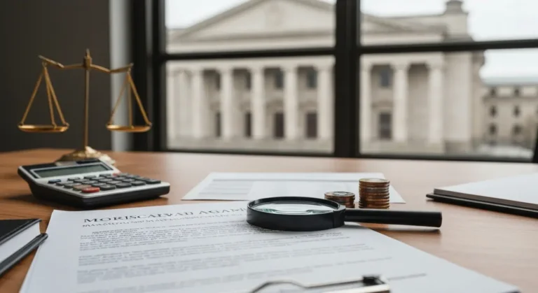 Dokumenty umowy kredytu frankowego na biurku z lupą, kalkulatorem i monetami CHF w tle sądu