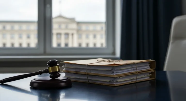 Stos akt sądowych i dokumentów prawnych na biurku, w tle budynek sądu w Warszawie