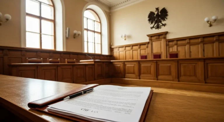 Pusta sala sądowa z ławą i dokumentami umowy kredytu CHF przygotowanymi do rozprawy frankowej