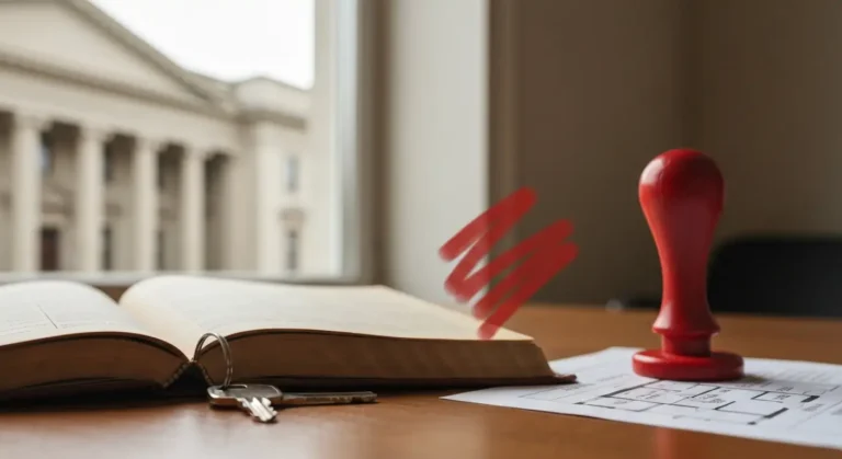 Otwarta księga wieczysta na biurku z kluczem i planem mieszkania, symbol wykreślenia hipoteki po sprawie frankowej
