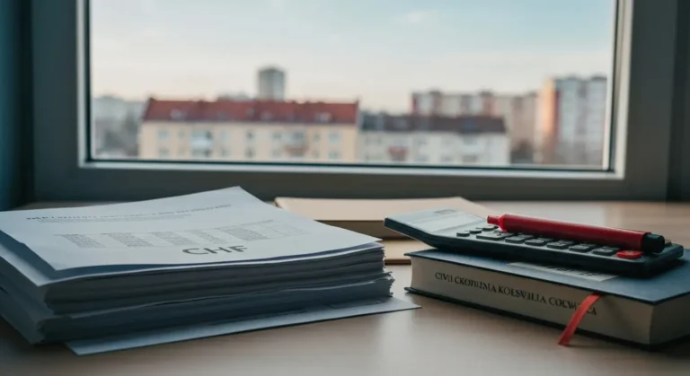 Dokumenty kredytu frankowego, kalkulator i kodeks cywilny na biurku w polskim mieszkaniu