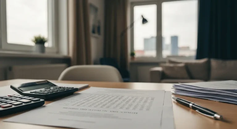 Dokumenty kredytu hipotecznego z tabelami oprocentowania na biurku, w tle wnętrze mieszkania