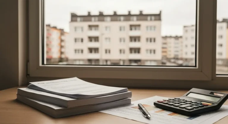 Dokumenty kredytu frankowego, kalkulator i wykres rat na biurku przy oknie z widokiem na osiedle