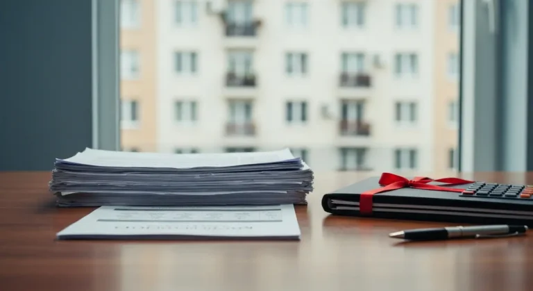 Dokumenty kredytu hipotecznego i wyrok sądowy na biurku, w tle blok mieszkalny