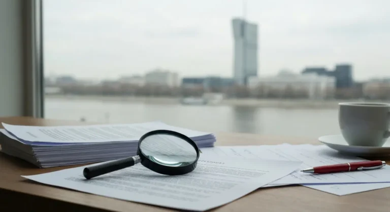 Dokumenty ugody frankowej na biurku z lupą i długopisem, w tle rozmyta panorama miasta z budynkiem banku