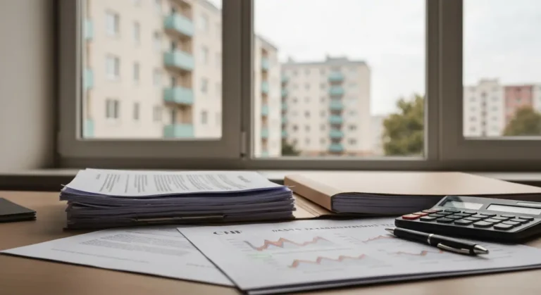 Dokumenty ugody kredytu frankowego na biurku z kalkulatorem i wykresem kursu CHF