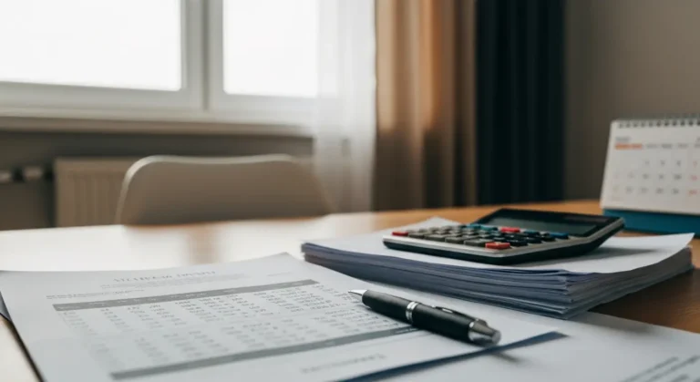 Dokumenty ugody kredytu frankowego na biurku z kalkulatorem i kalendarzem w tle