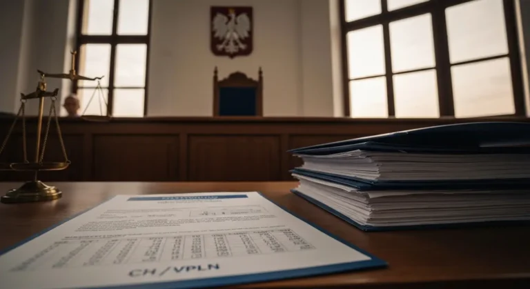 Sala sądowa z dokumentami umowy kredytu CHF i tabelą kursową na biurku sędziego