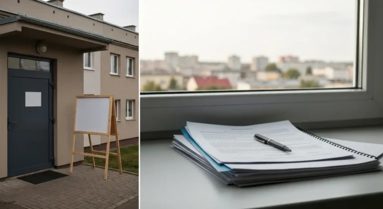 Dokumenty kredytowe i tabliczka na sprzedaż przed blokiem mieszkalnym w polskim mieście