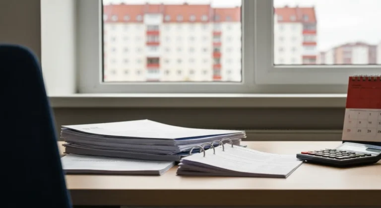 Dokumenty kredytu frankowego i akt własności mieszkania na biurku, symbol sprawy o spłacony kredyt CHF