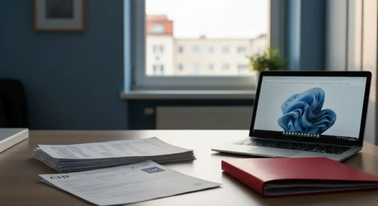 Dokumenty kredytu frankowego i reklamacja konsumencka na biurku w tle warszawskiego mieszkania