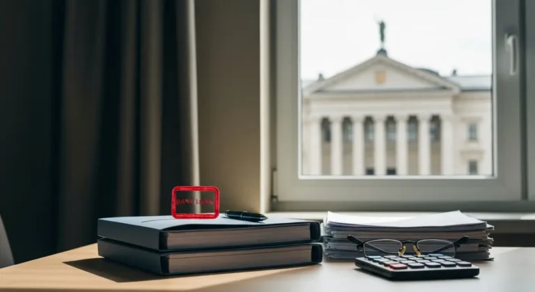 Dokumenty sądowe i umowa kredytu frankowego na biurku, w tle sylwetka budynku sądu