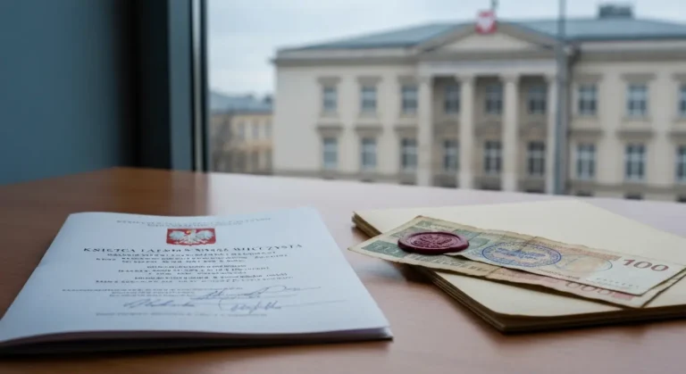 Dokumenty ksiegi wieczystej i teczka kredytu frankowego na biurku, symbol wykreslenia hipoteki i roszczen frankowicza