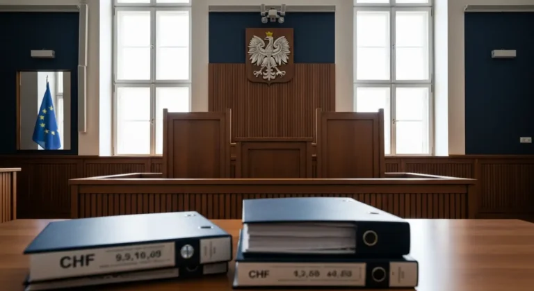 Sala sądowa z mównicą sędziowską i dokumentami sprawy frankowej na biurku w tle flagi UE