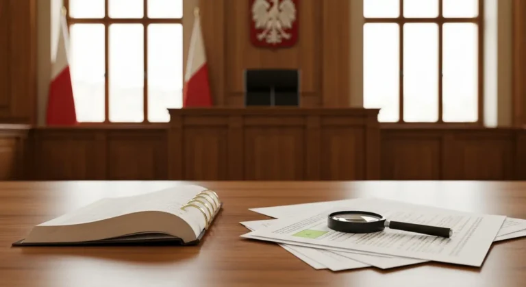 Sala sądowa z kodeksem cywilnym, dokumentami umowy kredytowej i lupą na biurku sędziowskim