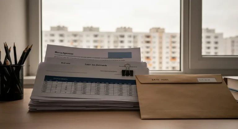 Uporządkowany stos dokumentów kredytu CHF na biurku - umowa, aneksy i historia spłat przygotowane do analizy