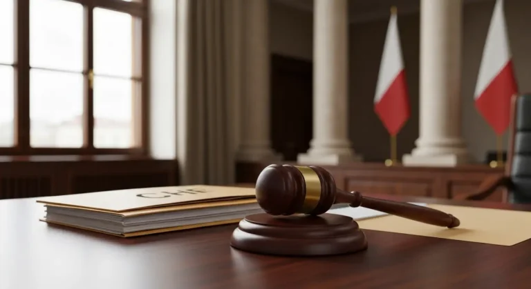 Młotek sędziowski i dokumenty kredytu frankowego na biurku w sądzie