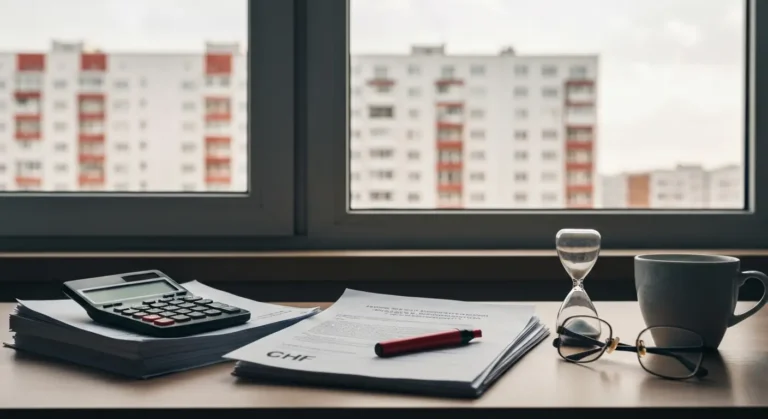 Dokumenty kredytu we frankach, klepsydra i kalkulator na biurku, w tle rozmyte bloki mieszkalne