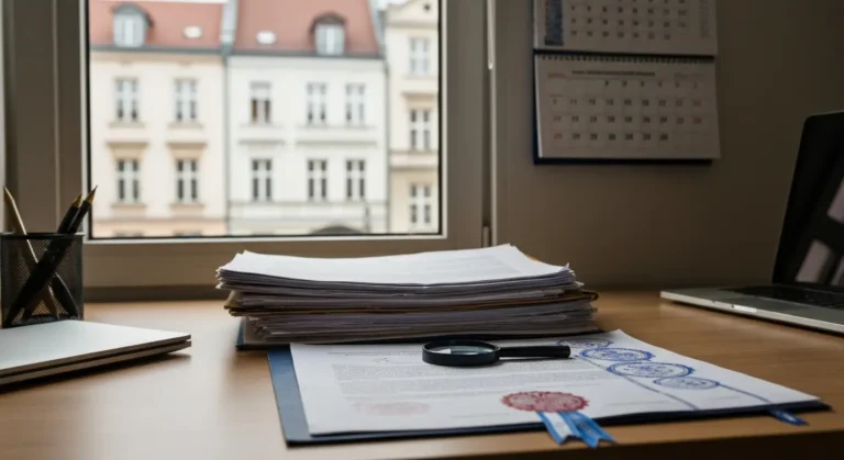 Biurko z aktami sądowymi, pieczęciami i lupą, w tle rozmyta polska ulica z kamienicami
