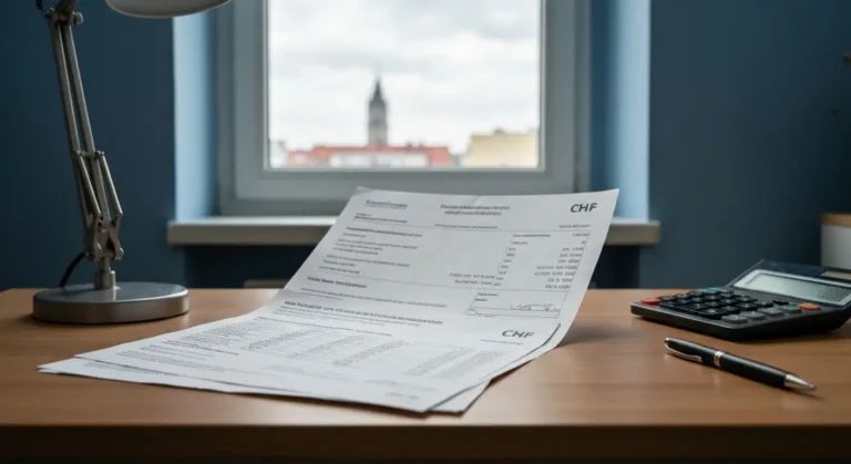Dokumenty kredytu frankowego na biurku - potwierdzenia przelewów i tabela kursowa banku