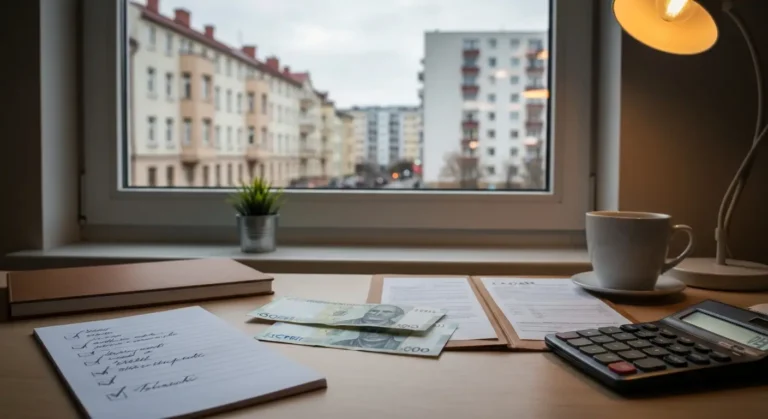 Biurko z segregatorem dokumentów kredytowych, notatnikiem z listą pytań i kalkulatorem, w tle ulica z polskimi kamienica