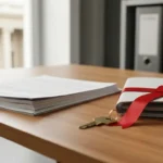 Dokumenty księgi wieczystej i wyrok sądowy na biurku symbolizujące wykreślenie hipoteki po sprawie frankowej