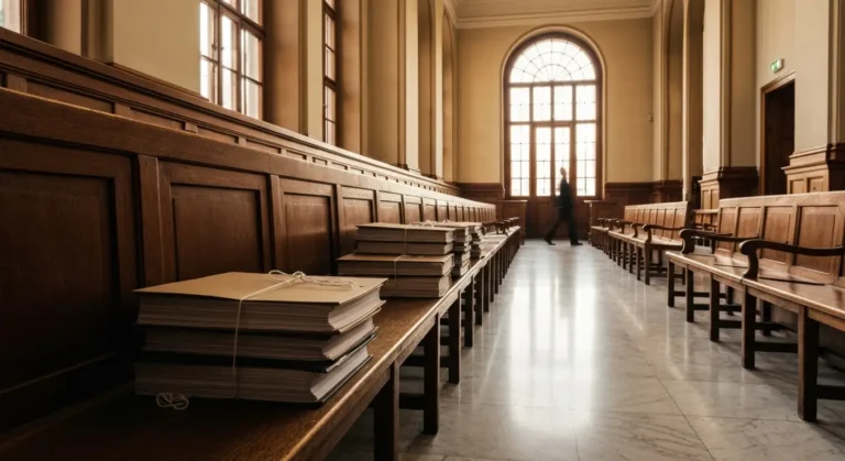 Korytarz sądowy z aktami sprawy sądowej symbolizujący czas oczekiwania na wyrok w sprawie frankowej